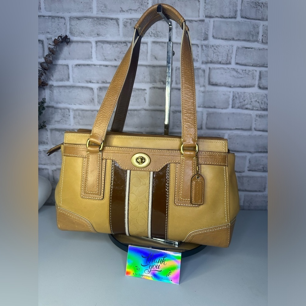 Coach 11609 Hampton Beige Brown Embossed Signature Stripe Leather Satchel